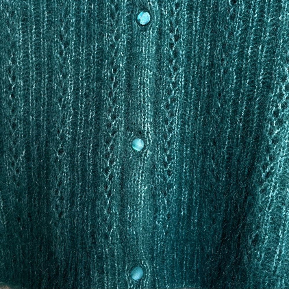 SEZANE Emerald Teal Green Mohair Wool Balloon Sleeve Alyssa Cardigan Sweater - Picture 10 of 13